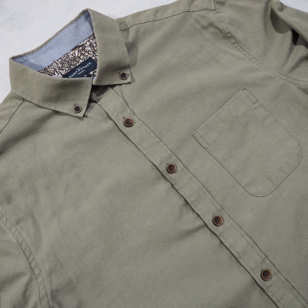 Rue Saint-Patrick Sz M Men's Casual Shirt Olive Green Flip Cuffs Cotton Blend